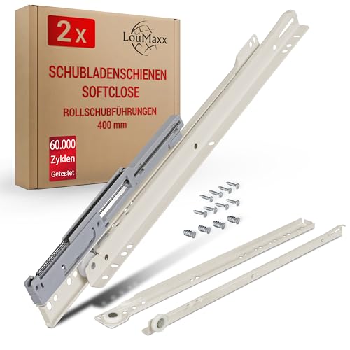 LouMaxx Schubladenschienen 400 mm selbstschließend mit Dämpfer - 2er Set (1 Paar) Rollschubführungen - Schubladen Auszugsschienen Softclose - Leichtgängiger Rollenauszug in weiß von LouMaxx