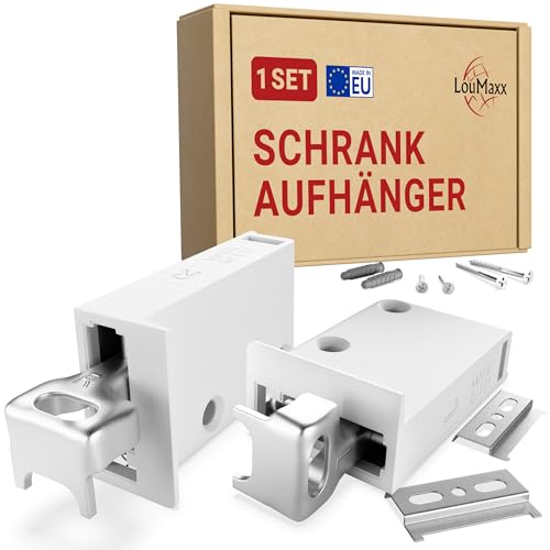 LouMaxx Schrankaufhänger für Küchenschrank und Hängeschrank Küche - Schrank Aufhänger Set mit 60 kg Tragkraft inkl. Regalsystem Wandschiene und Montagematerial - Made in EU von LouMaxx