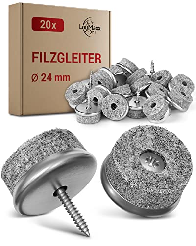 LouMaxx Stuhl Filzgleiter Schrauben rund, Ø 24mm grau - Stuhlgleiter mit 6mm dickem Filz &Metalleinfassung - Filzgleiter für Stühle Schrauben - Premium Stuhlbeinschoner Filz auch für Möbel 20 Stück von LouMaxx