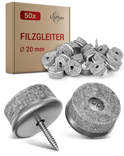 LouMaxx Stuhl Filzgleiter Schrauben rund, Ø 20mm grau - 50er Set Stuhlgleiter mit 6mm dickem Filz & Metalleinfassung - Filzgleiter für Stühle Schrauben - Premium Stuhlbeinschoner Filz auch für Möbel von LouMaxx