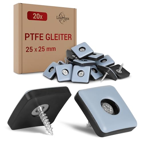 LouMaxx Teflongleiter zum Schrauben – PTFE Stuhlgleiter 25x25 mm – Effektiver Schutz für Möbel und Böden – 20er Set Möbelgleiter Teflon für müheloses Gleiten auf Teppich und Böden von LouMaxx