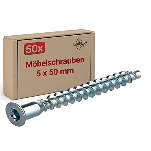 LouMaxx Schrank Schrauben 5 x 50 mm - 50er Schrauben Set Confirmat Schrauben aus verzinktem Stahl- Schrauben Schrank mit Innensechskant- Verbindungsschrauben für Möbel mit Senkkopf - Korpusschrauben von LouMaxx