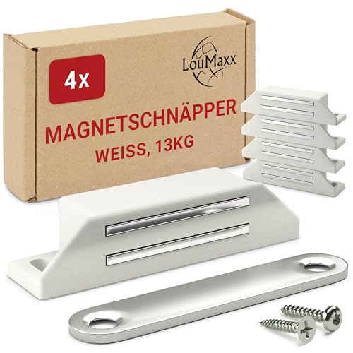 LouMaxx Magnetschnäpper extra stark - Haltekraft 13kg - 4er Set in weiß – Türmagnet - Magnetverschluss - Tür Magnet - Magnetverschluss Schrank - Magnet Türschließer - Magnet Schranktür von LouMaxx