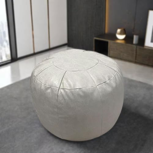 Louis Donné Handgefertigt Marokkanischer Pouf Fußhocker, Runden Ottoman Sitzsack Fußhocker, Ungefütterter Futon mit Lederkissen Fur Lagerung AUD Haus Dekoration (White) von Louis Donné