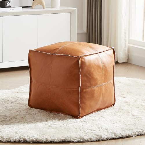 Pouf Ottoman, ungefüllter Pouf-Bezug, handgefertigtes Kunstleder, marokkanisch, orange-braun, 45 cm quadratisch, Fußstütze für Wohnzimmer, Bodenstuhl, Geschenke für Männer und Frauen von Louis Donné