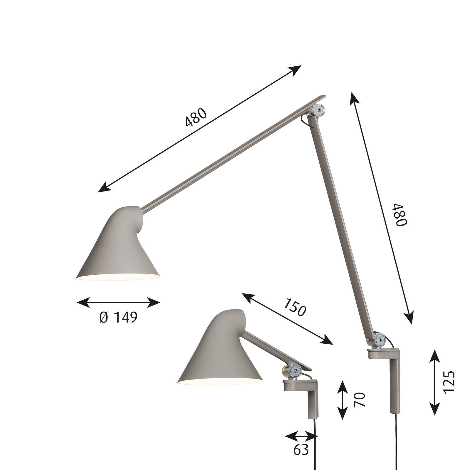 Louis Poulsen NJP LED-Wandlampe Arm kurz, hellgrau von Louis Poulsen