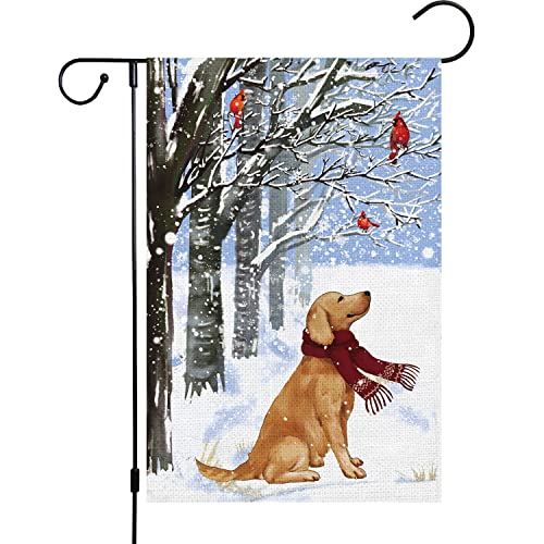 Louise Maelys Winter-Gartenflagge, doppelseitig, Sackleinen, klein, Golden Retriever, Hund, Kardinal, Gartenflaggen für den Winter, saisonale Hausdekoration, Urlaubsdekoration (nur Flagge) von Louise Maelys