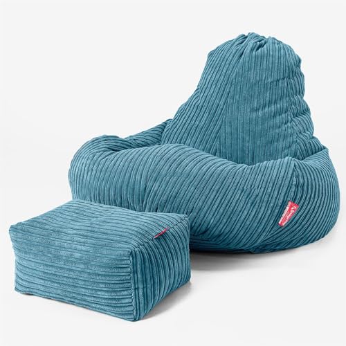 Lounge Pug - Gaming Sitzsack Sessel mit Hocker - Cord Türkis - Ultra LUX - Sitzsack Sessel von Lounge Pug