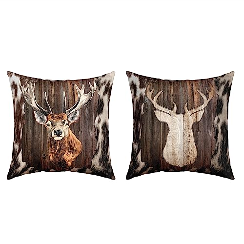 2er Set Kissenbezüge Hirsch Kissenbezüge 40x40cm Hirsch Jagd Kuhfell Dekokissen für Wohnzimmer Sofakissen Couchkissen Dekor Kissenbezug Umkehrbar Western Bauernhof Tier Haut Braun Dekor Kissenhülle von Loussiesd