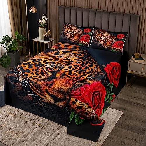 3D Leopard Tagesdecke Jungen Mädchen Rot Rose Bettüberwurf 240x260cm Kinder Dekorative Safari Gepard Drucken Steppdecke Daunendecke Wildes Tier Thema Decke Steppdecke Luxus 3St von Loussiesd