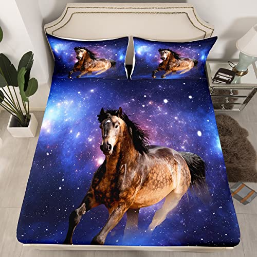 3D Pferd Spannbettlaken 90x200cm Laufende Pferde Kleinkind Bettlaken Set für Kinder Jungen Mädchen Galaxis Wild Tier Muster Spannbetttuch Universität Bauernhaus Dekor Schlafzimmer Kollektion 2St von Loussiesd