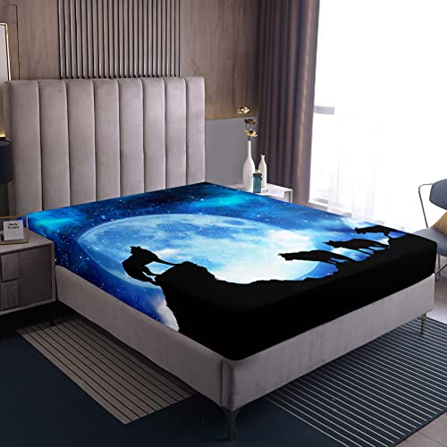 3D Wolf Spannbetttuch 140x200cm Der Mond Tier Galaxie Sterne Blau Bettlaken Kinder Jungen Mädchen Mikrofaser Spannbettlaken für Schlafzimmer Dekor von Loussiesd