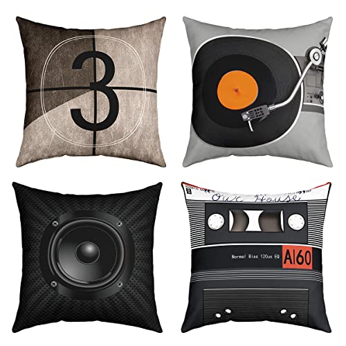 4er Set Kissenbezüge Sound Kasten Kissenbezüge 40x40cm Aufzeichnung Dekokissen Sofakissen Couchkissen Dekor Kissenbezug Umkehrbar Magnetisch Tape Film Theater Dekor Kissenhülle Kino Poster Design von Loussiesd