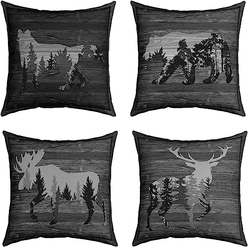 4er Set Kissenbezüge Vintage Bär Kissenbezüge 40x40cm Cabin Hirsch Jagd Dekokissen Sofakissen Couchkissen Dekor Kissenbezug Umkehrbar Bauernhaus Wolf Tiers Schwarz Grau Dekor Kissenhülle von Loussiesd