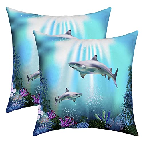 60x60cm 2er Set Kissenbezüge Hai Muster Kissenbezug für Couch Sofa Bett Auto Stuhl Garten Ozean Thema Kissenhülle Dekokissen Unterwasserwelt Meereslebewesen Dekor Sofakissen Couchkissen,Reißverschluss von Loussiesd