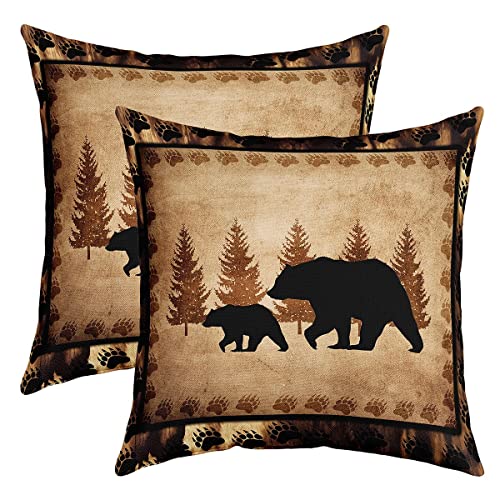 Bär Kissenbezüge 45x45cm 2er Set Kissenbezüge Weiche Wilde Tier Kissenhülle für Couch Sofa Rustikale Kabine Land Natur Wildtiere Bär Baum Gelb Braun Sofakissen Couchkissen Outdoor Kissenbezug von Loussiesd