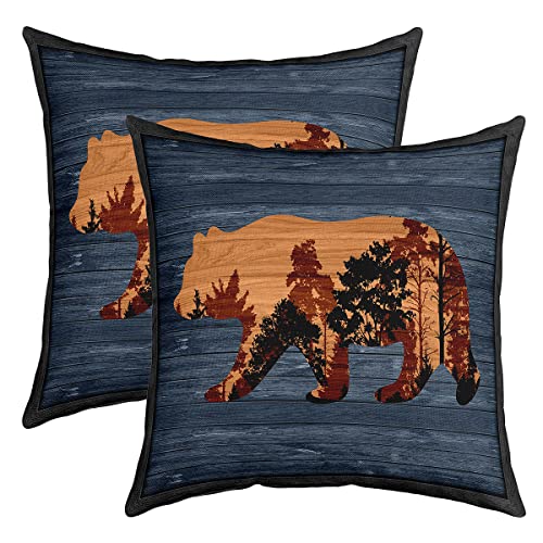 Bär Kissenbezüge 50x50cm Schlafsofa 2er Set Bär Sofakissen Couchkissen Kissenhütte Rustikale Kabine Land Natur Wildtiere Blau Camper Kissenbezug Bauernhaus Inserts von Loussiesd