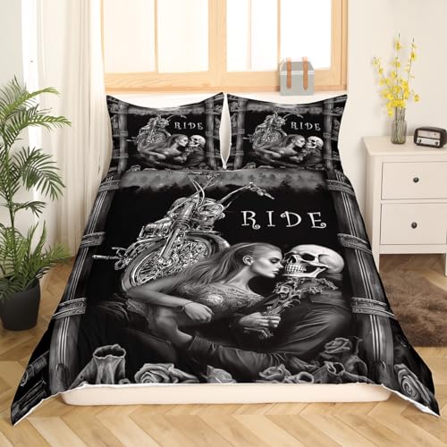 Bettwäsche-Set für Doppelbett, Totenkopf und Schönheitskuss, 3D-Druck, Bettwäsche-Sets mit 2 Kissenbezügen, leichte, weiche Mikrofaser, Gothic-Motorrad-Totenkopf-Bettbezug-Set mit Reißverschluss, von Loussiesd