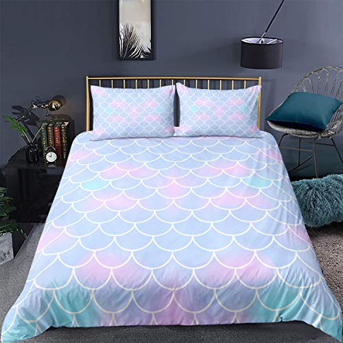 Bettwäsche-Set mit bunten Schuppen, für Einzelbett, Meerjungfrau-Fischschuppen, verträumt, dekorativ, 2-teilig, lichtecht, luxuriös, blaue Tagesdecke mit 1 Kissenbezug, Mikrofaser-Reißverschluss von Loussiesd