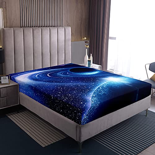 Blauer Galaxie Spannbettlaken 3D Universum Planet Druck Spannbetttuch 160x200cm Raum Sternenhimmel Bettlaken Kinder Mikrofaser Spannbettlaken Boxspringbett Spannbetttuch für Kinder Jugendliche von Loussiesd