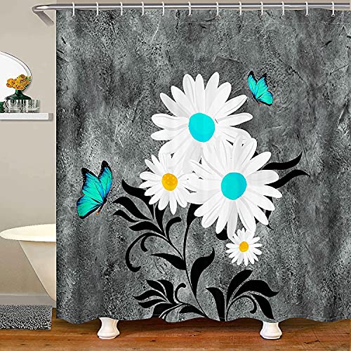 Blumen Schmetterling Duschvorhang Weißes Gänseblümchen Duschvorhang Textil Grau Gelb Teal Dekor Vintage Bauernhaus Wasserdicht Polyester Badewanne Badvorhang mit 12 Duschvorhangringen 180x180cm von Loussiesd