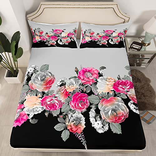 Blumenmuster Bettlaken Set Rose Blumendruck Spannbetttuch für Kinder Jungen Mädchen Jugendliche Blumenmuster Spannbettlaken 140x200cm Atmungsaktiv Garten Thema Grau Schwarz Raumdeko von Loussiesd