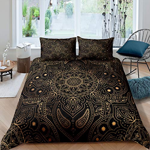 Boho Mandala Betten Set Böhmischer Stil Bettwäsche Set 135x200cm für Kinder Erwachsene Hippie Mandala Bettbezug Set Exotische Blumen Bettwäsche Raumdekoration Golden Schwarz 2St. Mit 1 Kissenbezug von Loussiesd