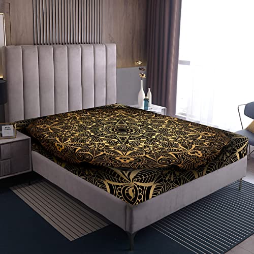 Boho Mandala Spannbetttuch 140x200cm Bettlaken böhmiSchön Stil für Teenager Luxus Golden Schwarz Mandala Dekor Spannbettlaken Exotisches Blumenmuster von Loussiesd