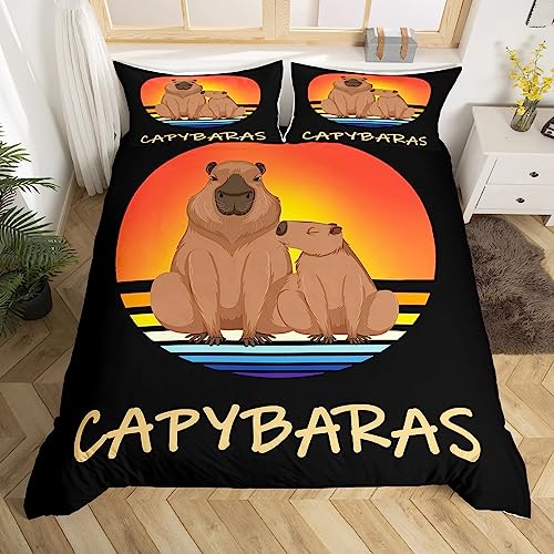 Capybara Bettwäsche Set 135x200cm Kinder Geschenke für Capybara Liebende Betten Set für Jungen Capybara Tiere Liebende Bettbezug Set Sonnenuntergang Orange Schwarz Bettdeckenbezug Dekor Bettbezug von Loussiesd