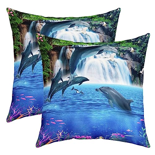 Delphin Kissenbezüge 40x40cm Jumping Delphins Dekokissen Kissenhülle für Kinder Blau Ozean Marine Thema 2er Set Kissenbezüge Kissenbezug für Sofa Sea Creatures Weich Sofakissen Couchkissen von Loussiesd