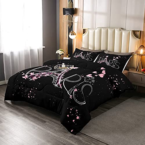 Eiffelturm Steppbett Schick Paris Winter Sommer Bettdecke Romantisches Thema Bettdecke 135x200cm Jungen Mädchen Kinder Jugendliche Schwarz Rosa Schlafzimmer Dekor Moderner französischer Stil von Loussiesd