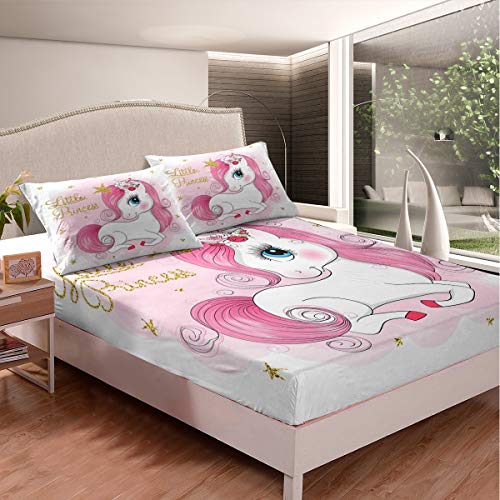 Einhorn Bettlaken Set Karikatur Verträumtes Pferd Spannbettlaken Mädchen 90x200cm Kinder Kleinkind Fantasie Einhorn Themed Spannbetttuch Rosa Princess Stil Bettdecke Raumdekor Mit 1 Kissenbezug von Loussiesd