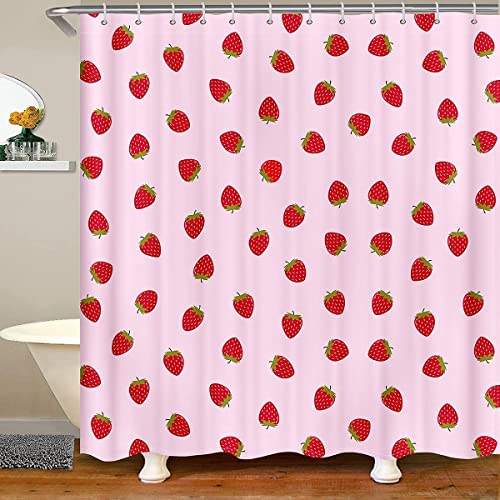 Erdbeer Badezimmer Duschvorhang Mädchen Pink süßer Fruchtdruck Duschvorhang Textil Kinder Teenager Erdbeeren Streifen Badevorhang Polyester, wasserdicht Duschvorhang 180x180cm Badewannen-Dekor von Loussiesd