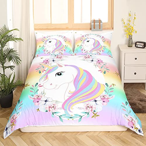 Fantasy Einhorn M?dchen Bettw?sche 135x200cm Bunt Blume Dekor Pferd Bettbezug Set Einhorn Tier Betten Set Kinder Jugendliche Frauen Sü? Regenfarbe Einhorn Bettw?sche mit 1 Kissenbezug 80x80cm von Loussiesd