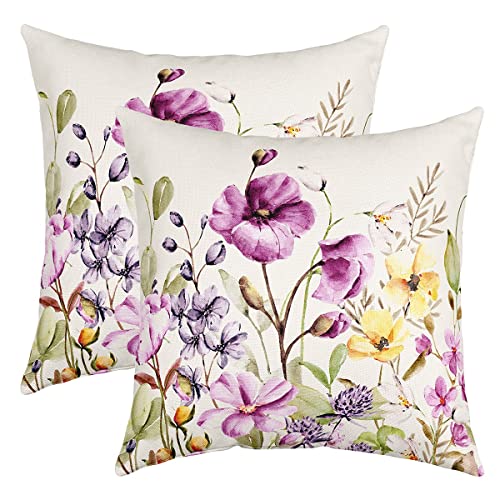 Floral Kissenbezüge 45x45cm 2er Set Kissenbezüge Weich Blumen Dekorative Sofakissen Couchkissen Botanische Blossom Kissenbezug Kissenhülle Natural Lila Gelb Grün Dekokissen von Loussiesd