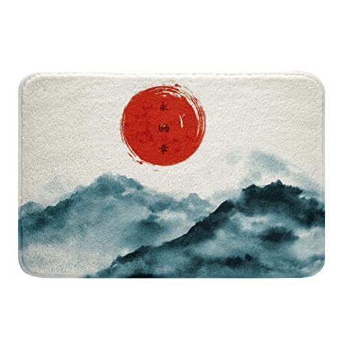 Fuji Berg Badteppiche Japanese Ukiyoe Badezimmerteppich Badematte 50x80cm für Kinder Jungen Mädchen Hokusai Rot Sonne Japanese Stil Tinte Blaugrün Badvorleger von Loussiesd