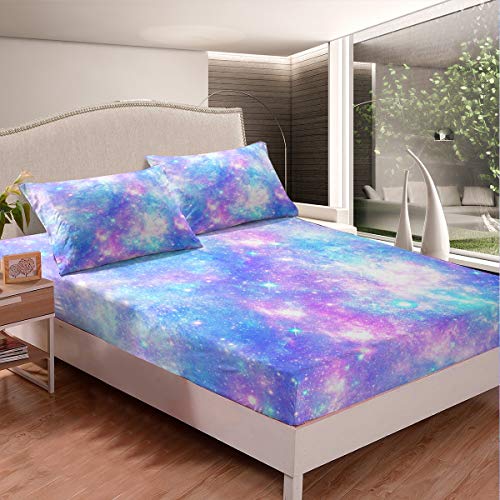 Galaxy Spannbettlaken Sternenhimmel 160x200cm Spannbetttuch für Kinder Jungen Mädchen Teens Ultraweicher Weltraum Themen Bettlaken Set Dreamy Sky Bunter Glitter Mikrofaser 2 STK. Reißverschluss von Loussiesd