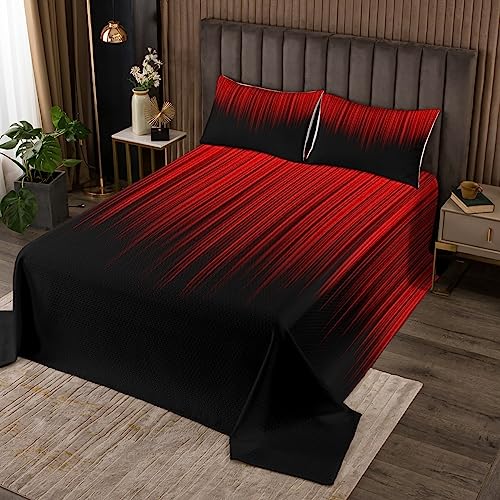 Geometrisch Abstract Ombre Dekorative Tagesdecke 220x240cm Weich Rot Schwarz Striped Quadratisch Steppdecke Kinder Wohndecke Modern Bettüberwurf Dekor Doppelbett Gesteppt mit 2 Kissenbezug 3Stück von Loussiesd