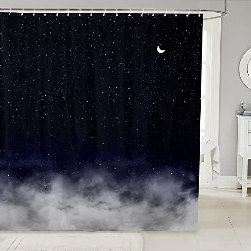 Glänzender Sternendruck Duschvorhang Textil Mond Stern Himmel Duschvorhang 180x200cm Farbverlauf Dunkelblau Grau Badezimmer Stoff Boxen Badewannen Deko Romantischer Stil Wasserdichte Vorhänge von Loussiesd