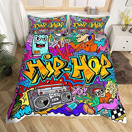 Graffiti-Bettwäsche-Set für Kinder, Hip-Hop-Thema, Radio, Rock, Jugendliche, Bettdeckenbezug, für Jungen, Teenager, bunt, dekorativ, Einzelbett-Bezug (1 Tagesdecke + 1 Kissenbezug), Reißverschluss von Loussiesd