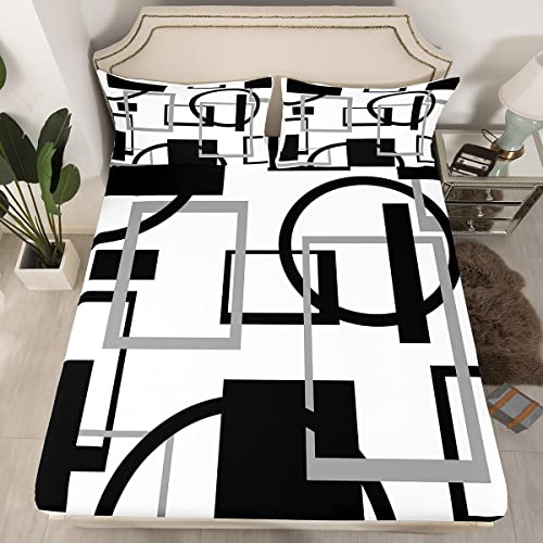 Grau Schwarz Geometrisch Plaid Spannbettlaken 90x200cm Kinder Geometrie Spannbetttuch für Jungen Jugendliche Streifenlinie Bettlaken Set Atmungsaktiv Modern Art Bettdeckenbezug Bettbezug von Loussiesd