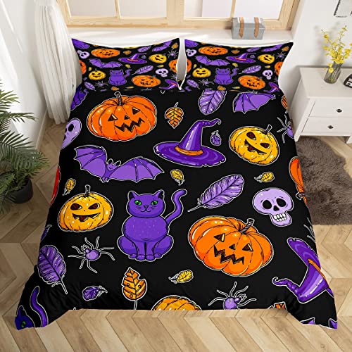 Halloween Bettwäsche Set 135x200cm für Kinder Jungen Mädchen Hexe Katzen Kürbis Laterne Betten Set Halloween Fledermäuse Bettbezug Set Totenkopf Skelett Bettwäsche Bettwäsche Kollektion 2 Stk von Loussiesd