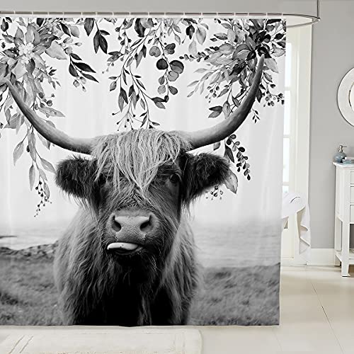 Highland Kuh Stoff Duschvorhang Textil Bull Laub Duschvorhang 180x200cm Kinder Jungen Mädchen Eukalyptusblatt Wasserdichtes Zubehör mit 12 Haken Bauernhaus Jahrgang Western Tier Komisch Dekor von Loussiesd