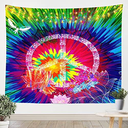 Hippie Friedenskunst Wandteppich 175x230cm Boho Tie Dye Psychedelische Blumen Wandbehang Schlafzimmer Dekor Bunte Friedenszeichen Bohemien Gypsy Tapisserie Jugendliche Wandtuch von Loussiesd