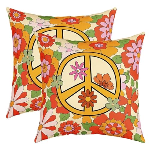 Hippie Peace Art Wurf Kissenbezüge 40x40cm Set von 2 Soft Retro Hippie Blume Kissenbezüge Kissenbezüge für Wohnzimmer Schlafzimmer Vintage Blume Dekorative Wurf Kissenbezüge für Sofa Couch Stuhl von Loussiesd