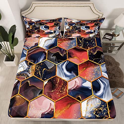 Honigcomb Bettlaken Set Jungen Braun Marmor Spannbettlaken 140x200cm für Kinder Modern Marmor Aesthetic Spannbetttuch Geometrischal Gold Rot Schwarz Bettdeckenbezug Dekor von Loussiesd