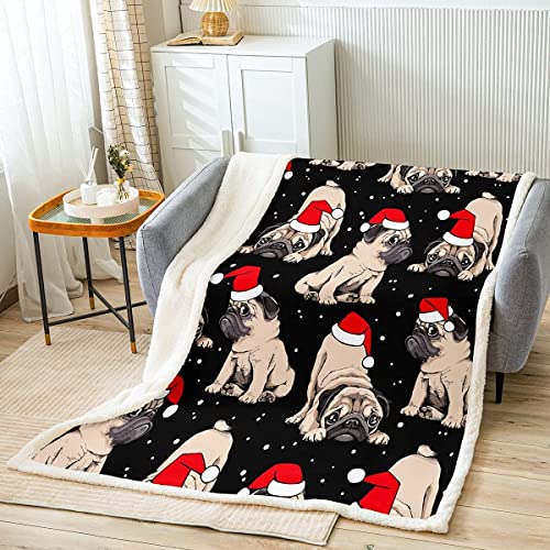 Hund Decke 130x150cm Kinder Niedlich Mops mit Weihnachten Hat Kuscheldecke für Jungs Mädchen Jugendliche Kawaii Xmas Haustier Tier Wohndecke für Hunde Liebhaber Zimmer Dekor Flanell Fleecedecke von Loussiesd