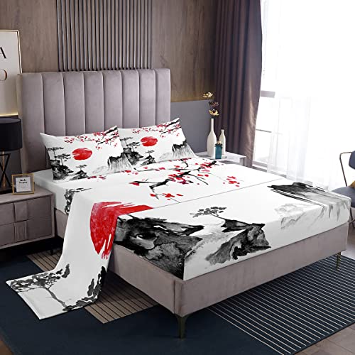 Japanisches Ukiyoe Bettlaken-Set mit Kirschblüten und roten Sonnenbetten für Kinder, Jungen und Mädchen, japanischer Stil, Bettlaken, exotischer Stil, 4-teiliges Bettwäsche-Set für Doppelbett von Loussiesd