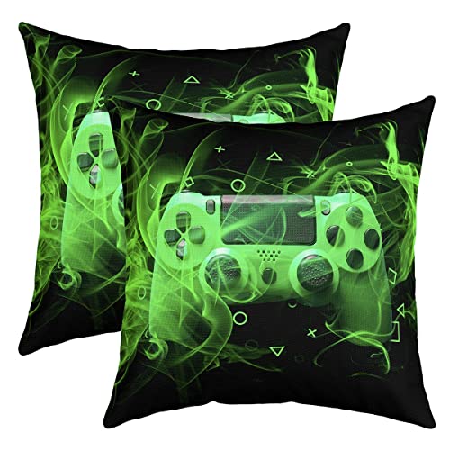 Jugend Gaming 2er Set Kissenbezüge Spieler Kissenhülle 55x55cm für Couch Sofa Bett Game Controller Kissenhülle Moderne Spielekonsole Aktionstasten Geometrie Sofakissen Couchkissen Grün Raumdekor von Loussiesd