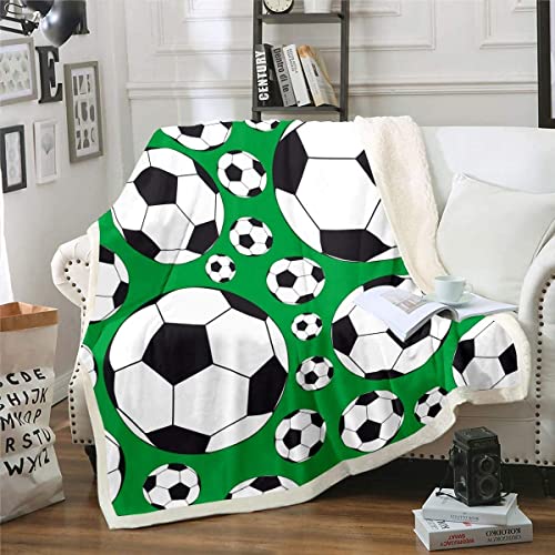 Jungen Fußball gedruckt Wohndecke Sportthema Kuscheldecke 75x100cm Schwarz Weiß Fußball Muster Flanell Fleecedecke Grün Wettkampfspiele Couchdecke von Loussiesd